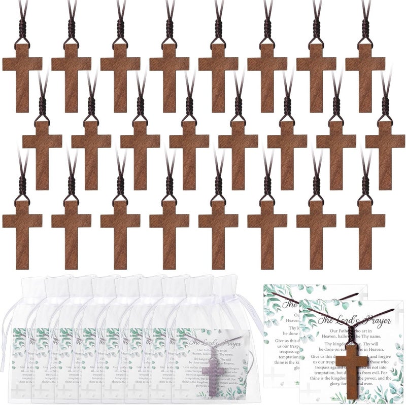 Ecation Wooden Cross Necklace Bulk Wood Cross Pendant Necklace with Lord's Prayer Cards Organza Bags for Family Friend Christian Church Jesus Religious Gift Sunday School Party Christian Gift - Image 1